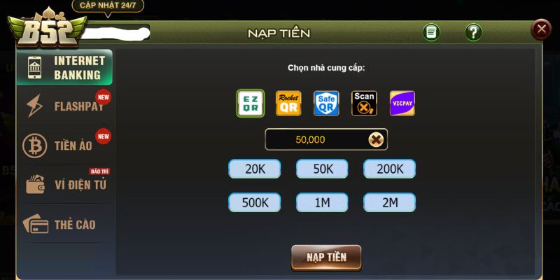 Hướng dẫn quy trình nạp tiền B52 đơn giản